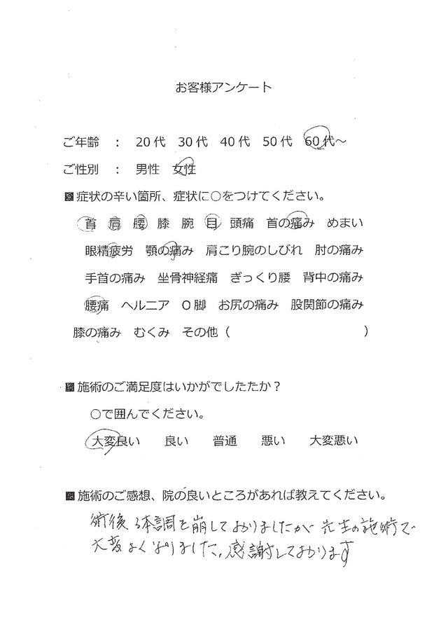 術後に先生の施術で大変よくなりました。